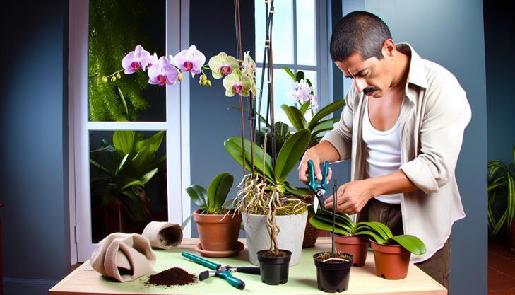 Orchid pruning and repotting process for optimal indoor care, featuring healthy plants and essential tools.