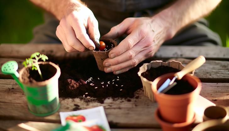 Tomato seeds being planted in a pot, illustrating a step-by-step guide for growing tomatoes in containers.