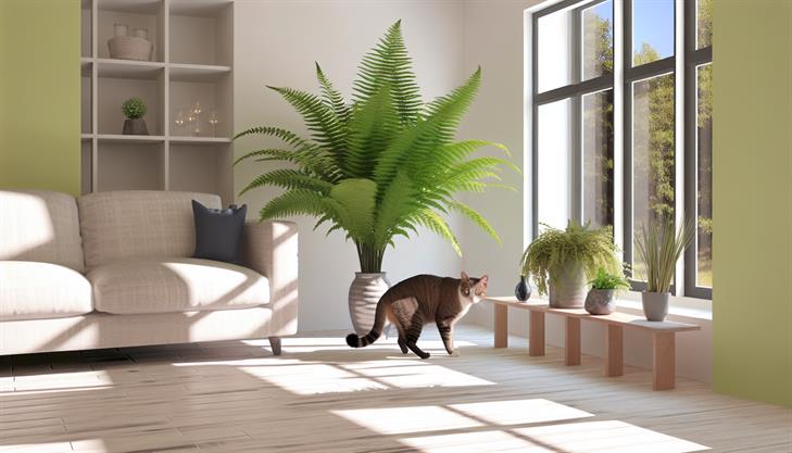 Boston fern plant with text overlay discussing its toxicity to cats.