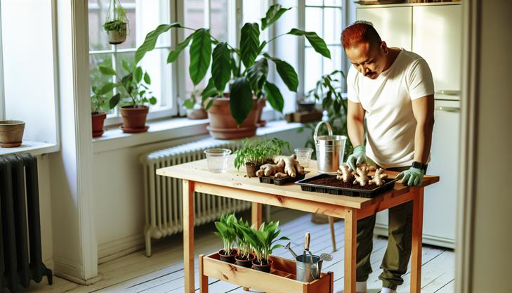 Indoor ginger growth preparation with optimal environment setup, featuring tools and techniques for successful indoor gardening.