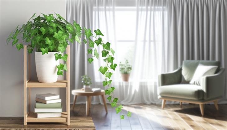 Indoor English ivy thriving on a windowsill, showcasing vibrant green leaves and healthy vine growth.