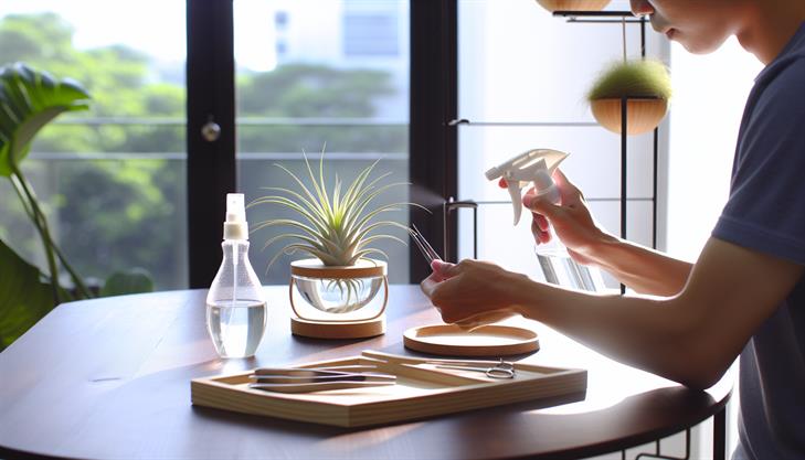 Tools and accessories for simplifying air plant care, included watering devices and support items.