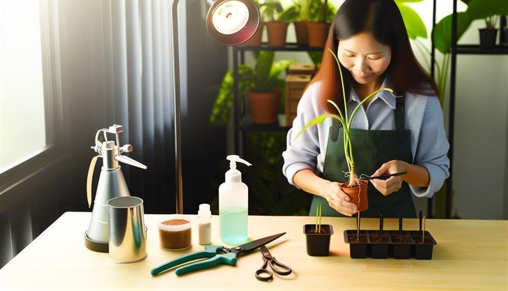 Essential tools and materials for propagating ZZ plants, featuring gardening equipment and supplies needed for successful propagation.