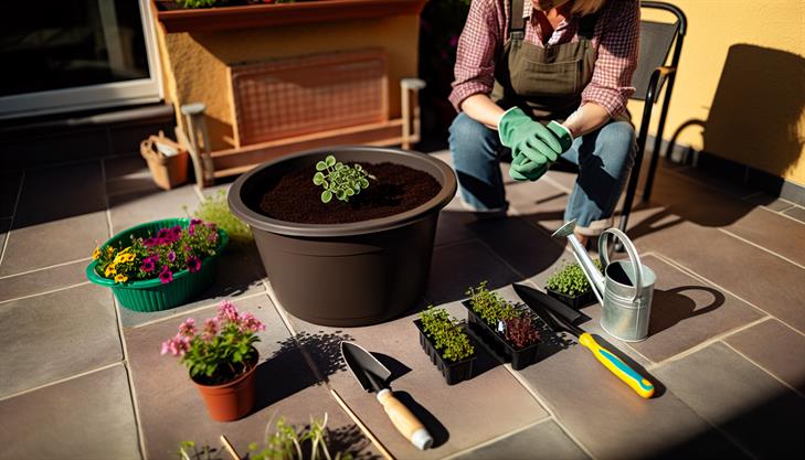 Patio pot preparation, planting guide, outdoor gardening steps, container gardening essentials.