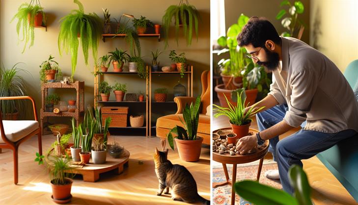 Cat-proofing indoor gardens tutorial, showcasing natural methods to keep cats away from plants.