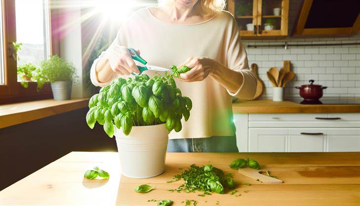 Indoor basil plant harvesting and pruning techniques, highlighting the right time and methods for optimal growth.