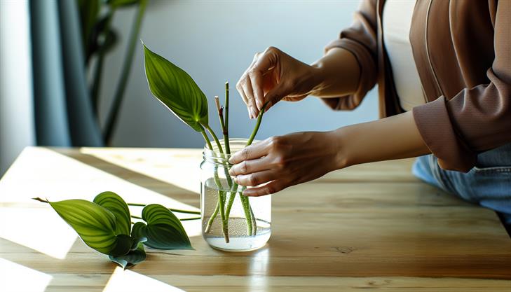 Arrowhead plant water propagation steps, showcasing the process with tools, cuttings, and clear water container.