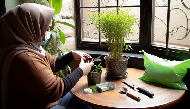 Indoor bamboo plant care with pruning tools and techniques for potting to ensure thriving growth.