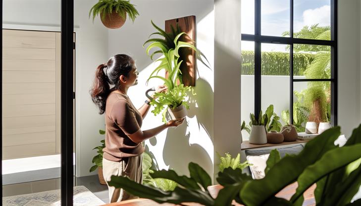 Staghorn fern care tips, optimal watering, light conditions, lush greenery, thriving indoor plant.