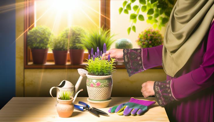 Lavender plant growing indoors in a pot, vibrant blooms and lush foliage showcasing indoor gardening.