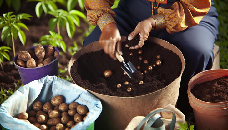 Seed potatoes preparation and planting process in a pot, showcasing high-quality techniques for optimal growth.