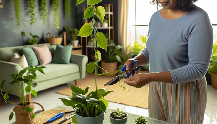 Pothos plant with neatly trimmed leaves, expert tips on ideal trimming length for healthy growth.