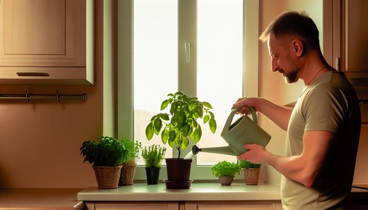 Indoor basil care tips focusing on ideal watering and lighting conditions; healthy basil plant, natural light source, proper hydration, vibrant green leaves.