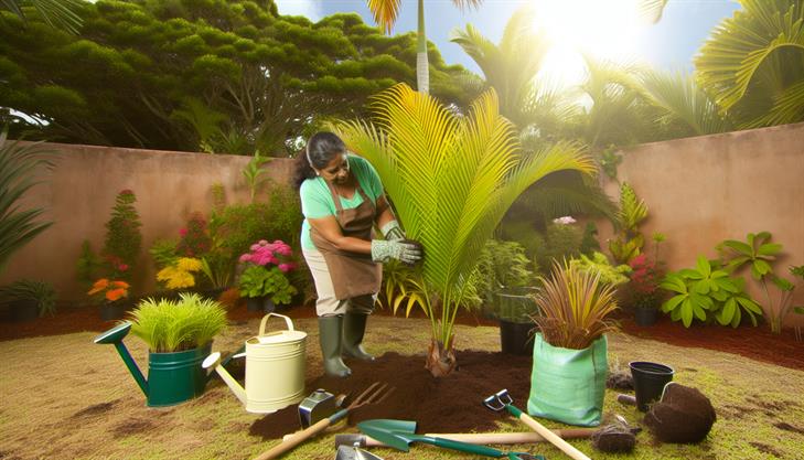 Areca palm planting and care, year-round maintenance, lush green foliage, tropical indoor plant tips.