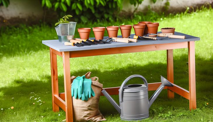 Essential tools and materials laid out for patio pot preparation, featuring gardening instruments, potting soil, and decorative containers.