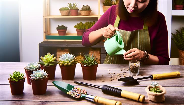 Tools and accessories for optimal succulent growth indoors, featuring essential items for succulent care.