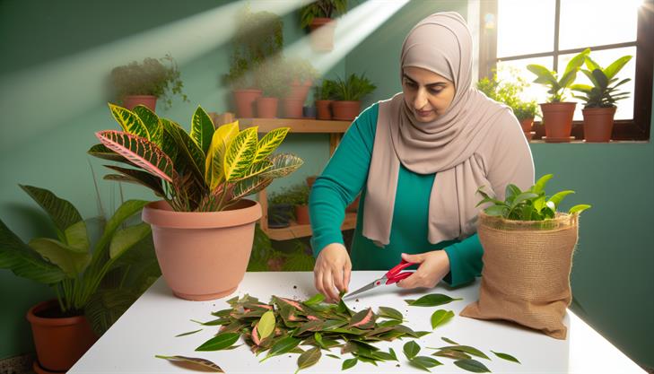 Croton plant pruning and repotting techniques for healthy growth.