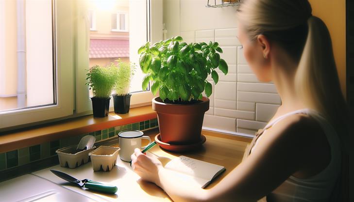 Indoor basil care tips, featuring lush green leaves and vibrant plant growth, suitable for mastering basil cultivation indoors.