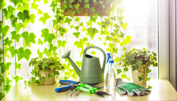 Indoor ivy care tools and equipment for growing English Ivy, including watering can, pruning shears, and humidity monitor.