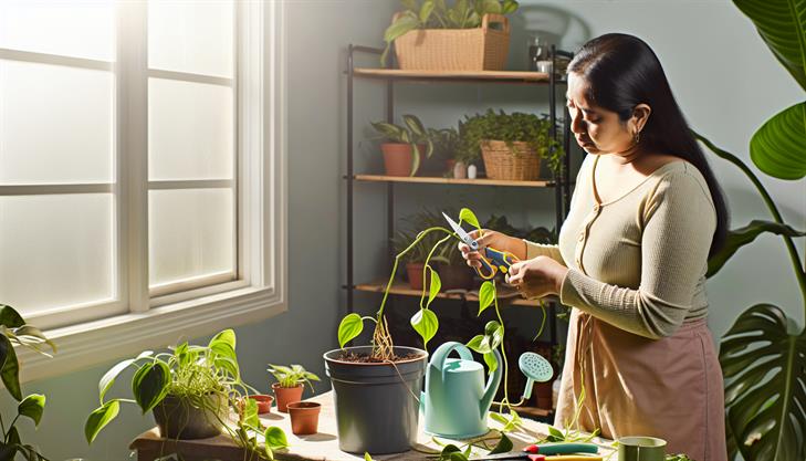 Trimming pothos plants step-by-step guide, expert tips on how far to prune for healthy growth.