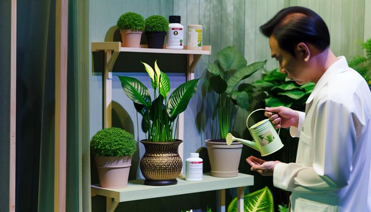 Peace Lily plant with watering can and fertilizer, illustrating top tips for watering and feeding care.