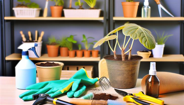 Umbrella plant propagation tools and materials, including soil, pots, pruners, and rooting hormone.