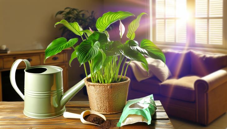 Peace Lily care tips, essential watering and feeding guide, healthy houseplant maintenance.