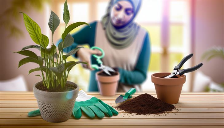 Pruning and repotting peace lily houseplant for optimal health.